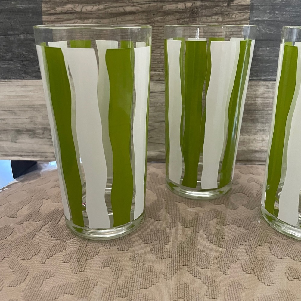 Vintage MCM Highball Glasses Set of 3 Green White Wavy Stripe Retro Tumblers - Picture 2 of 3